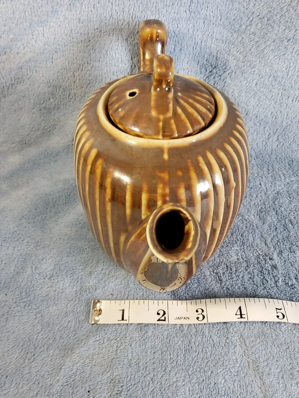 Antique Fraunfelter China Teapot Caramel Brown Ribbed Pottery Ohio USA w/ Lid